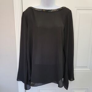 Violet And Claire Semi Sheer Long Slit Sleeve Black Blouse Sequin Neck Holiday M